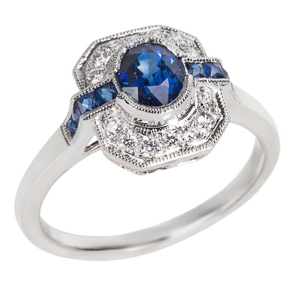 037027 av 4e7deac0 4452 42b1 906a 1a255098f1ca BRAND NEW Diamond Sapphire Vintage Style Ring in 18K White Gold 114 CTW