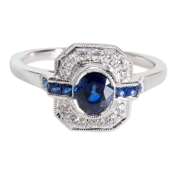 037027 fv BRAND NEW Diamond Sapphire Vintage Style Ring in 18K White Gold 114 CTW