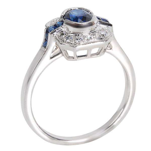 037027 pv BRAND NEW Diamond Sapphire Vintage Style Ring in 18K White Gold 114 CTW