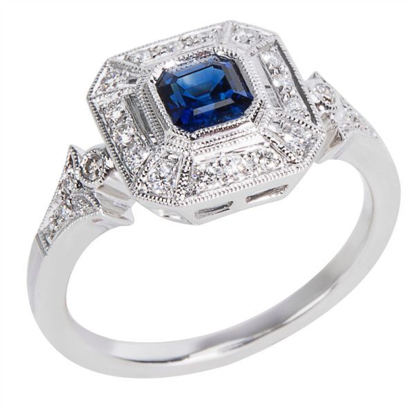 037048 FV Vintage Art Deco Style Sapphire Diamond Ring in 18K WG 090 CTW