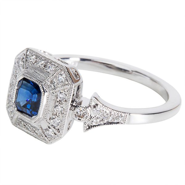 037048 SV Vintage Art Deco Style Sapphire Diamond Ring in 18K WG 090 CTW