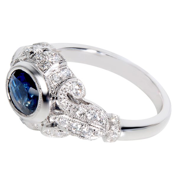 037056 sv Vintage Style Sapphire Diamond Ring in 18K White Gold 055 CTW