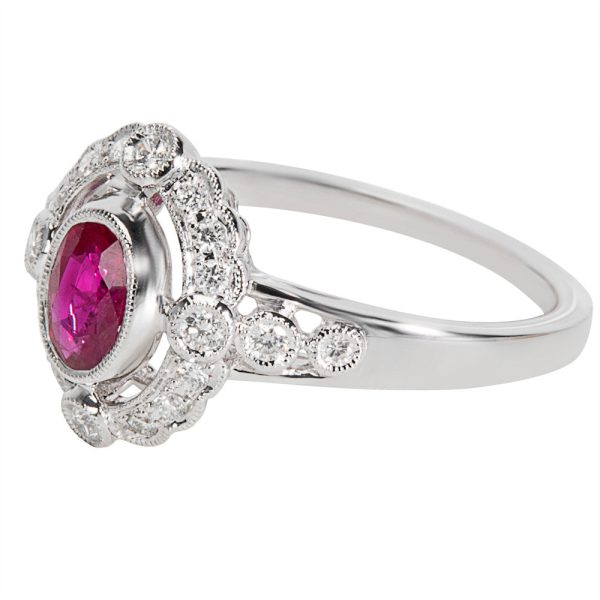 038455 SV BRAND NEW Diamond Ruby Vintage Style Ring in 18K White Gold 022 CTW