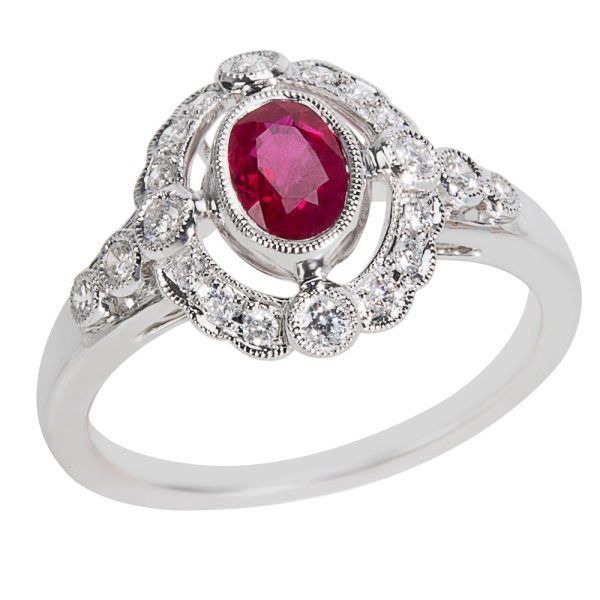 038455 pv BRAND NEW Diamond Ruby Vintage Style Ring in 18K White Gold 022 CTW