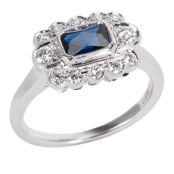 038460 pv BRAND NEW Diamond Sapphire Vintage Style Ring in 18K White Gold 117 CTW