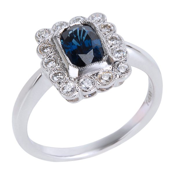 038463 pv BRAND NEW Diamond Sapphire Vintage Style Ring in 18K White Gold 024 CTW