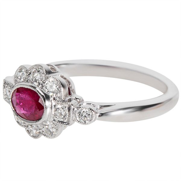 038479 SV BRAND NEW Diamond Ruby Vintage Style Ring in 18K White Gold 032 CTW