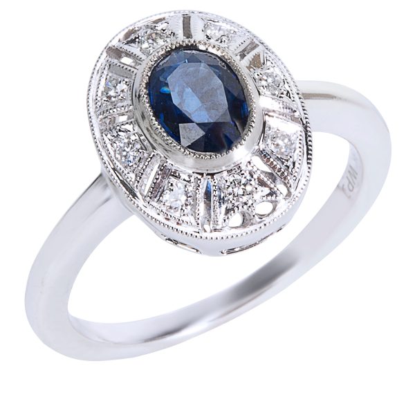 038481 FV 53d835c5 ddba 4635 99e2 7ca146bfd848 BRAND NEW Diamond Sapphire Vintage Style Ring in 18K White Gold 010 CTW