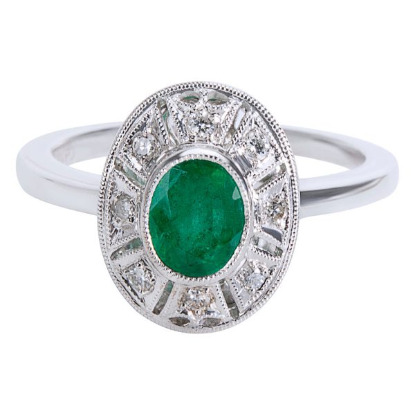 038483 PV 68f8d285 c0ee 4af0 81d5 f3760d87e3ca BRAND NEW Diamond Emerald Vintage Style Ring in 18K White Gold 010 CTW