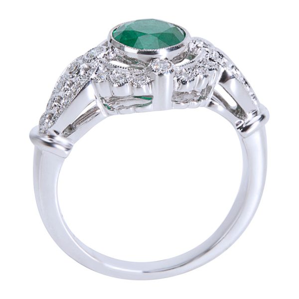 038488 AV BRAND NEW Diamond Emerald Vintage Style Ring 18K White Gold 080 CTW