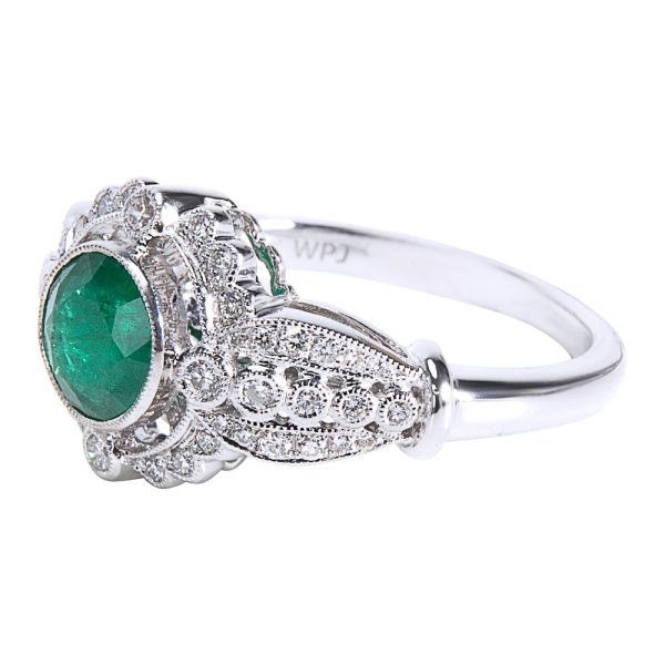 038488 SV BRAND NEW Diamond Emerald Vintage Style Ring 18K White Gold 080 CTW