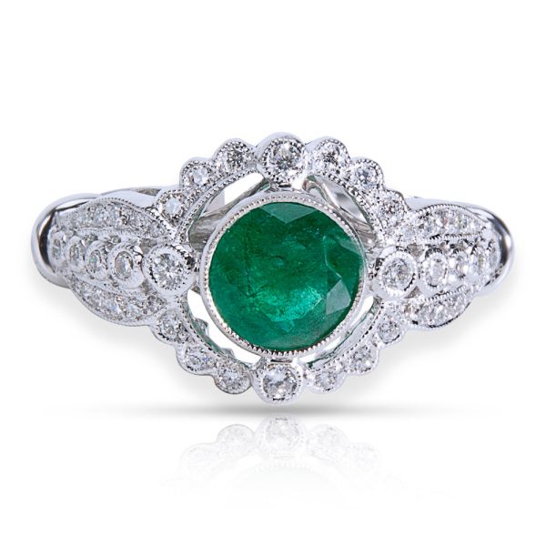 038488 fv BRAND NEW Diamond Emerald Vintage Style Ring 18K White Gold 080 CTW