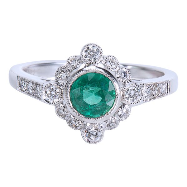 038497 fv BRAND NEW Diamond Emerald Vintage Style Ring 18K White Gold 087 CTW