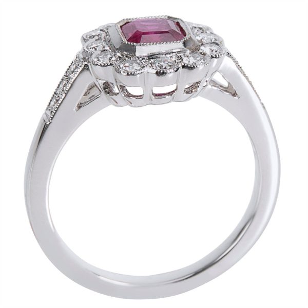 038499 AV fee482f2 7040 4ec9 80c2 6f2b792a254f BRAND NEW Diamond Ruby Vintage Style Ring in 18K White Gold 028 CTW