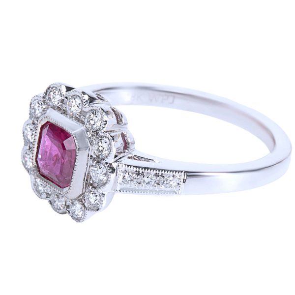 038499 SV BRAND NEW Diamond Ruby Vintage Style Ring in 18K White Gold 028 CTW