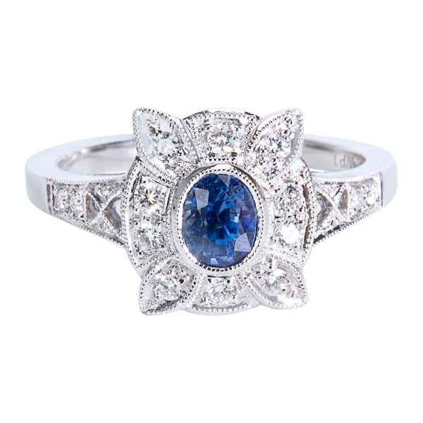 038501 fv 1bd4a066 df6f 40d5 8e21 b0e474761c50 BRAND NEW Diamond Sapphire Vintage Style Ring in 18K White Gold 018 CTW