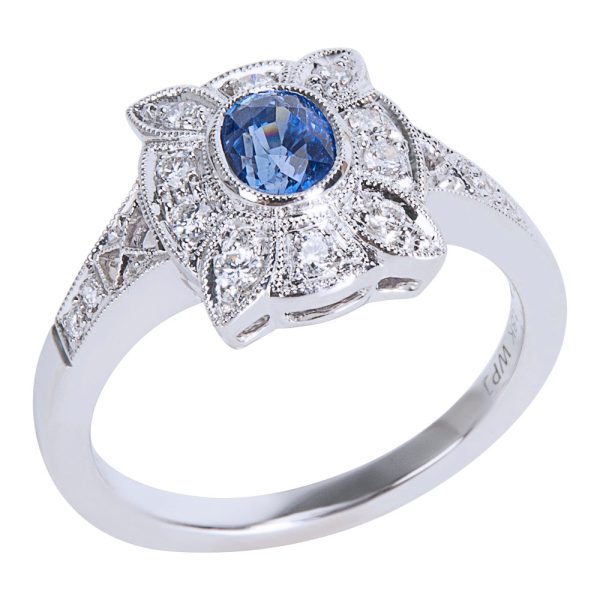 038501 pv 8289d958 0d3e 4a4a 8968 c3a9570d2aa7 BRAND NEW Diamond Sapphire Vintage Style Ring in 18K White Gold 018 CTW