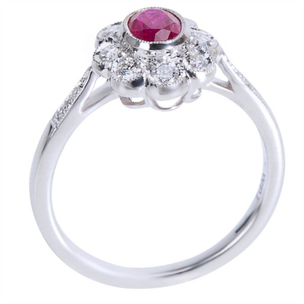 038505 AV Ruby Halo Ring in 18K White Gold with Diamonds 028 CTW