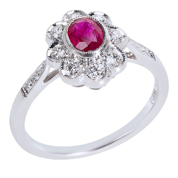 038505 pv 2c574bb5 0695 433e 85d0 47714d5b655d Ruby Halo Ring in 18K White Gold with Diamonds 028 CTW