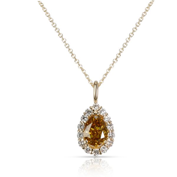 088956 fv GIA Fancy Deep Brown Yellow Pear Diamond Halo Necklace in 14KT Gold 132 CTW