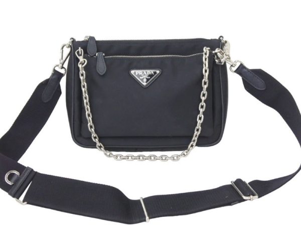 1 Prada Shoulder Bag Chain Pouch Triangle Logo Nylon Black