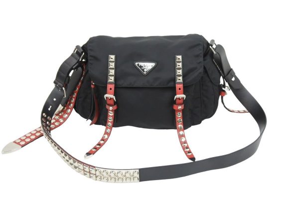 1 Prada Shoulder Bag Studded Messenger Nylon Black Red