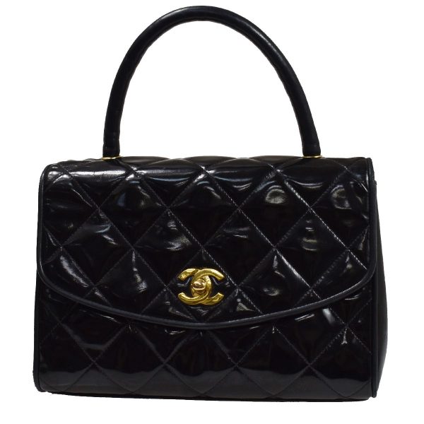 1 Chanel CC Logo Matelasse Handbag Patent Leather Black