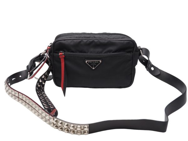 1 Prada Shoulder Belt Bag Studs Nylon Leather Black Red