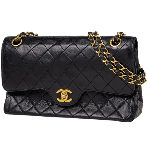 1000053790063 11 Chanel Matelasse W Flap Chain Shoulder Bag Coco Mark Leather Black