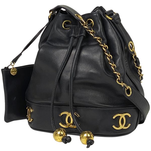 1000054612432 11 Chanel Triple Coco Mark Chain Shoulder Bag Pouch Drawstring Leather Black