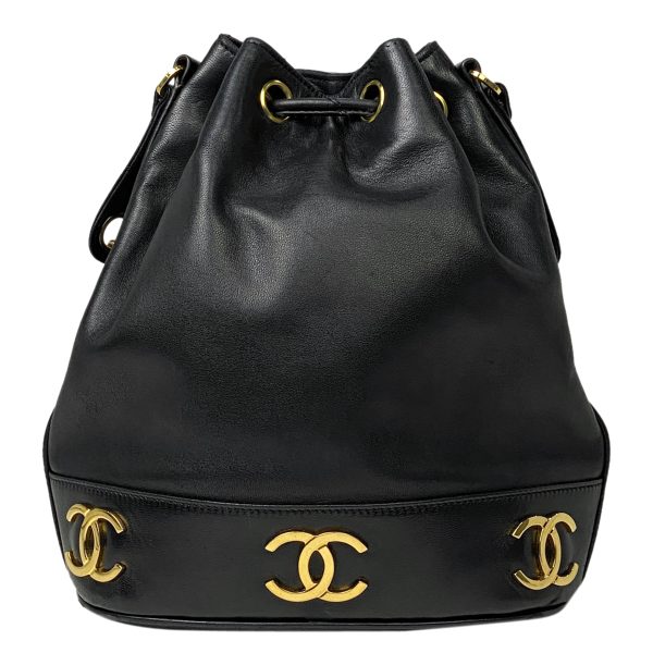 1000054612432 13 Chanel Triple Coco Mark Chain Shoulder Bag Pouch Drawstring Leather Black