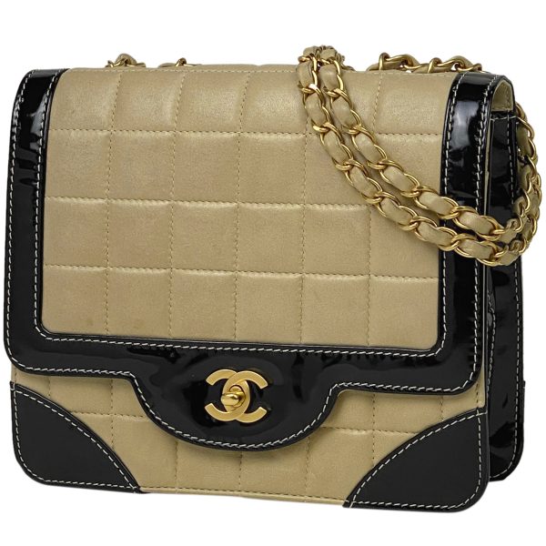 1000058967682 11 Chanel Chocolate Bar Chain Shoulder Bag Enamel Leather Beige Black