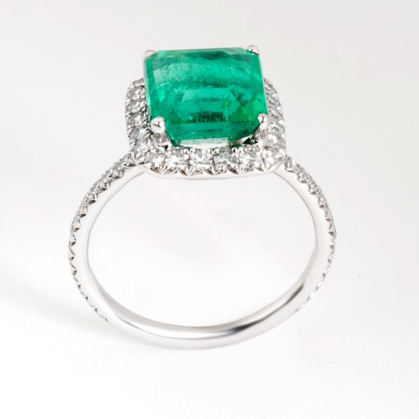 102143 pv AGL Certified Emerald Diamond Halo Ring in 18K White Gold 441 ctw