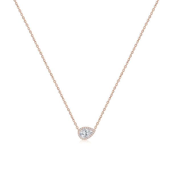 102428 pv Rock Divine Day Collection Perfect Pear Pendant Halo Necklace in 18K Rose Gold