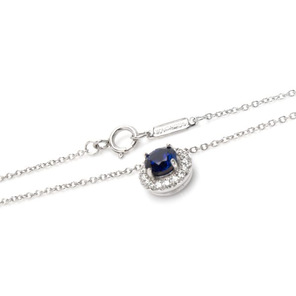 104244 clasp Tiffany Co Soleste Blue Sapphire Diamond Halo Necklace in Platinum 040 ctw