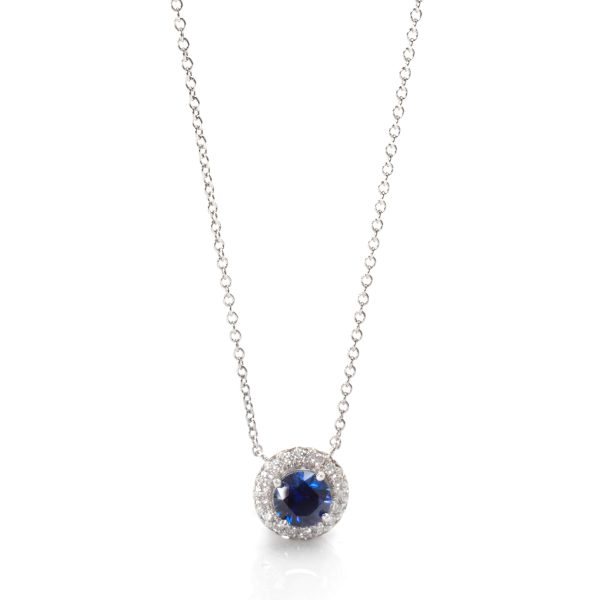 104244 fv Tiffany Co Soleste Blue Sapphire Diamond Halo Necklace in Platinum 040 ctw