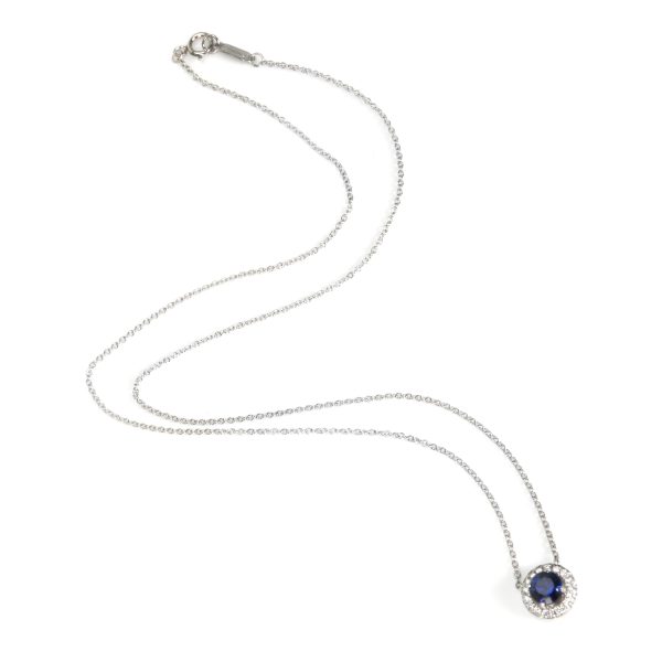 104244 pv Tiffany Co Soleste Blue Sapphire Diamond Halo Necklace in Platinum 040 ctw