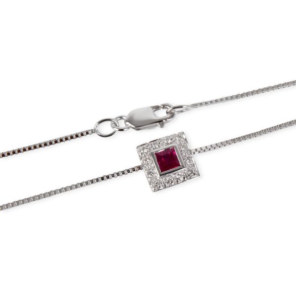 105081 clasp Halo Ruby Diamond Necklace in 18K White Gold 010 CTW