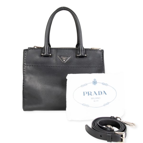 105616 box Prada Black City Calf Leather Twin Pocket Stitch Tote