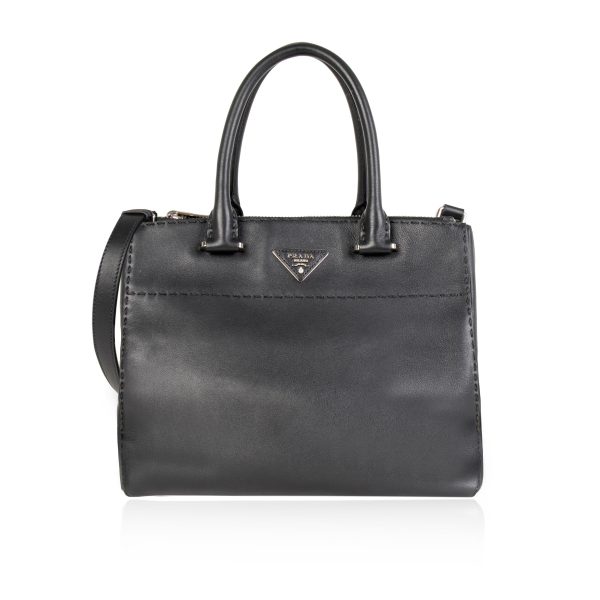 105616 fv Prada Black City Calf Leather Twin Pocket Stitch Tote