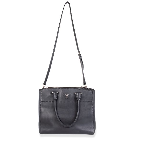 105616 pv Prada Black City Calf Leather Twin Pocket Stitch Tote