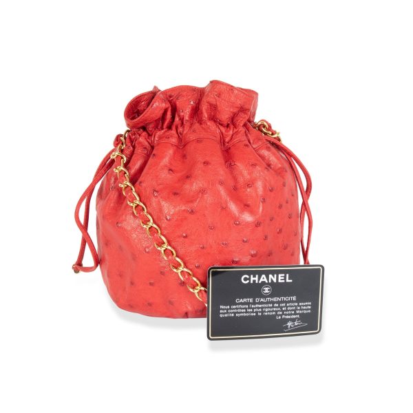 105738 box Chanel Vintage Red Ostrich Leather Drawstring Bag