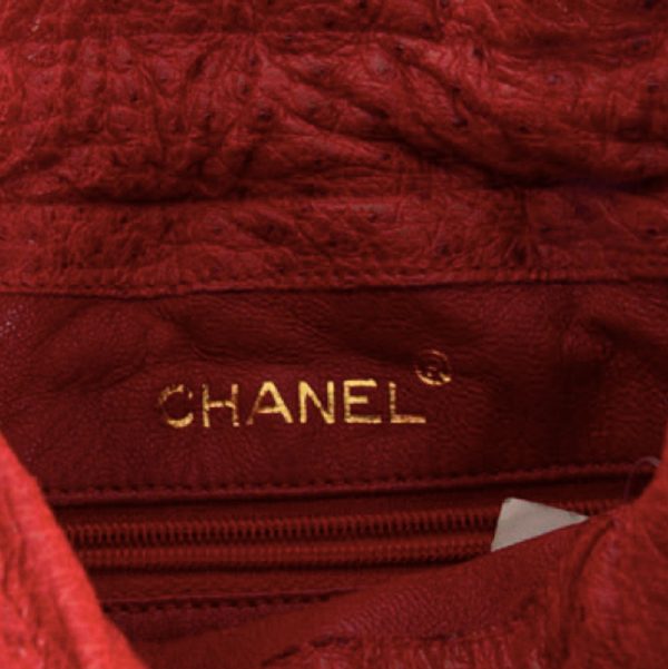 105738 stamp Chanel Vintage Red Ostrich Leather Drawstring Bag