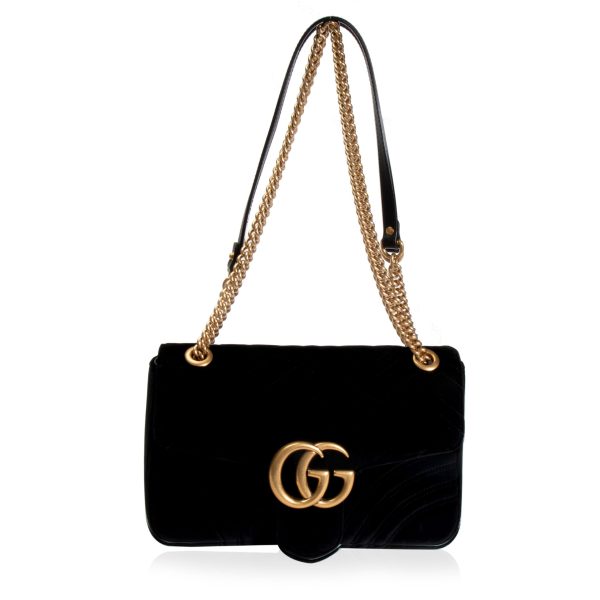 105904 pv Gucci Black Velvet GG Marmont Medium Shoulder Bag