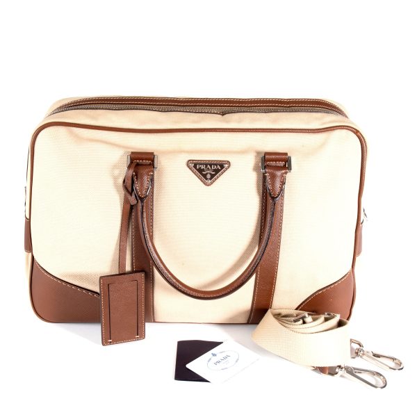 105942 box 5b252a54 68fd 420a 80ac b8c6e16643ae Prada Beige Canvas and Saffiano Leather Briefcase Bag