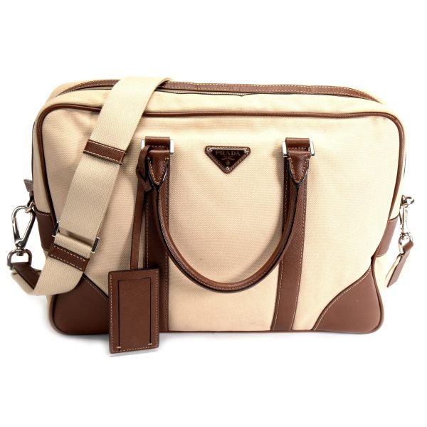 105942 fv 8dd24f66 60a4 4b90 9c53 06076e782c09 Prada Beige Canvas and Saffiano Leather Briefcase Bag