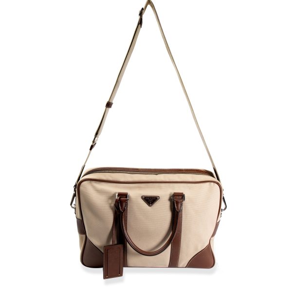 105942 pv e71f30ef 20fe 4e1c 85b9 fa3132ed573e Prada Beige Canvas and Saffiano Leather Briefcase Bag