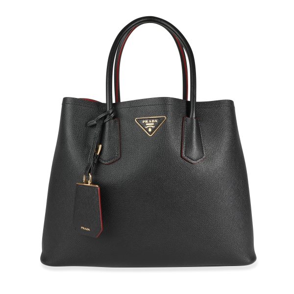 106450 fv cccfd6ca e8ba 4b15 85cb 2809dfab09a8 Prada Black Saffiano Fiery Red Large Double Bag