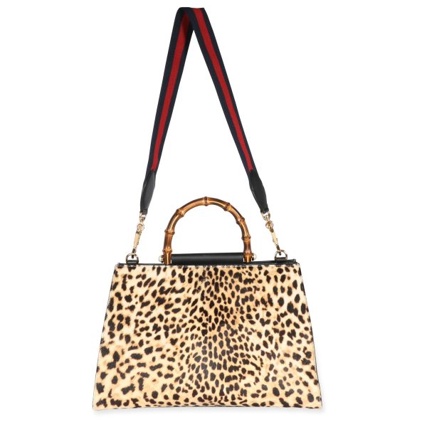 107161 bv 11c80394 8107 4e7b 9e47 ef9c4d26502d Gucci Leopard Printed Calf Hair Nymphaea Bamboo Top Handle Tote