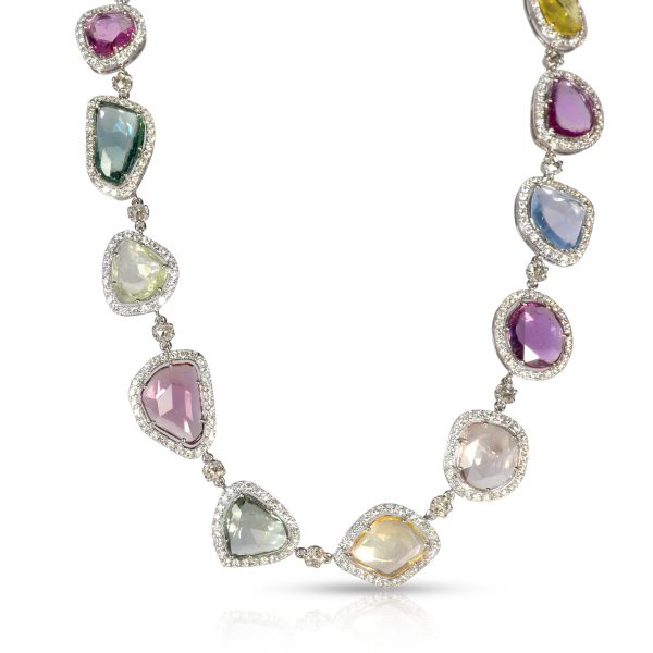 107243 fv Halo Diamond Multi Colored Sapphire Slice Necklace in 18K White Gold 773 CTW